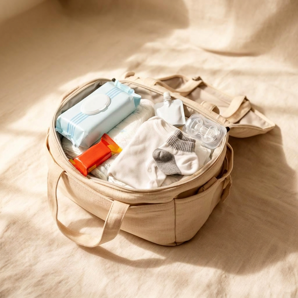 Neatly packed toddler diaper bag with wipes, snacks, and baby essentials on warm linen
