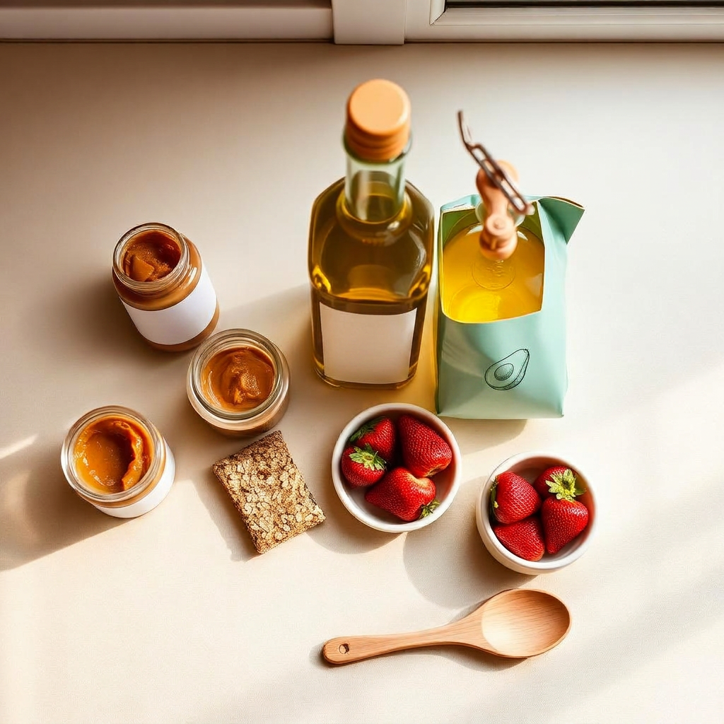 A clean kitchen counter with toddler-friendly pantry staples, fresh fruit, and a small bowl