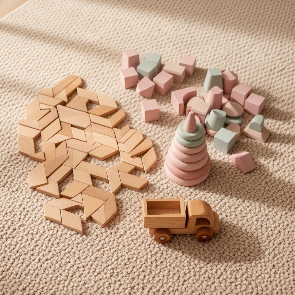 Wooden magnetic tiles, pastel blocks, and a small wooden truck on a beige rug